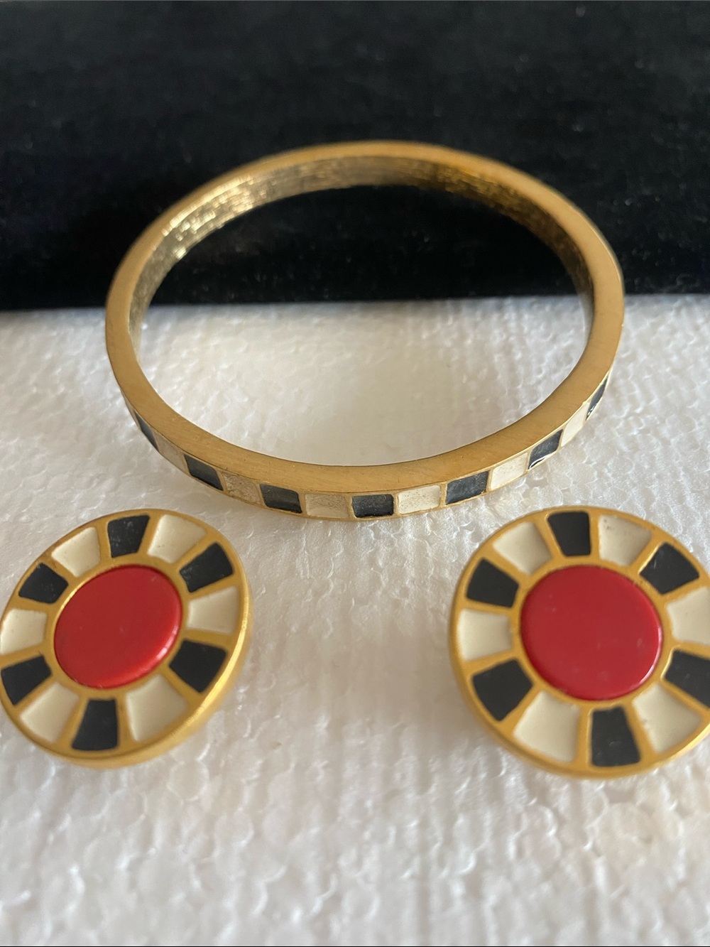 Vtg Karl Lagerfeld Gold-Tone Red, Black & Cream Enamel Bracelet and Earrings Set